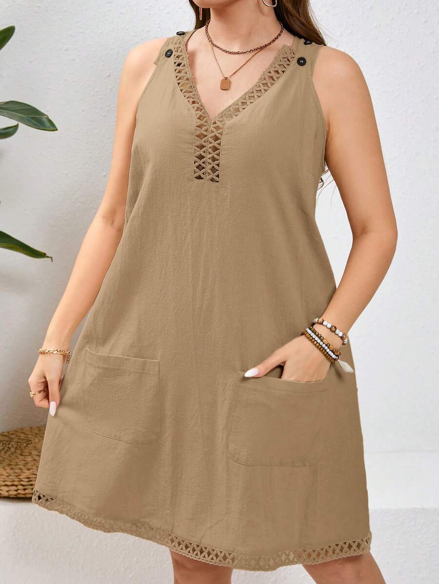 SHEIN LUNE Đầm suông hở vai cổ chữ V trơn cỡ lớn có túi - màu nâu - Xem 1