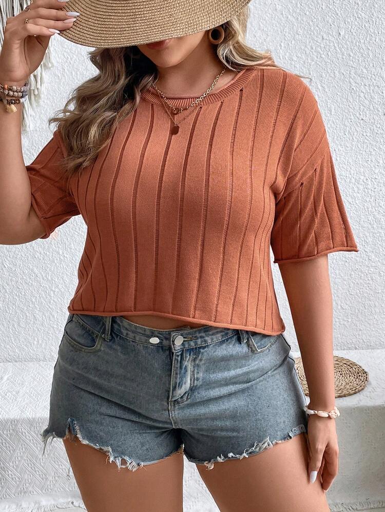 Plus Size Holiday Solid Color Round Neck Drop Shoulder Cropped Knit Top