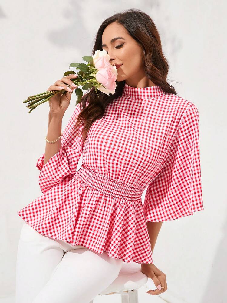Women's Gingham Ruffle Hem Outing Summer Blouse