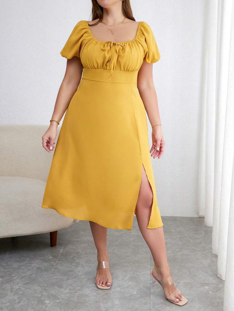 Plus Size Long A-Line Split Hem Puff Sleeve Summer Dress