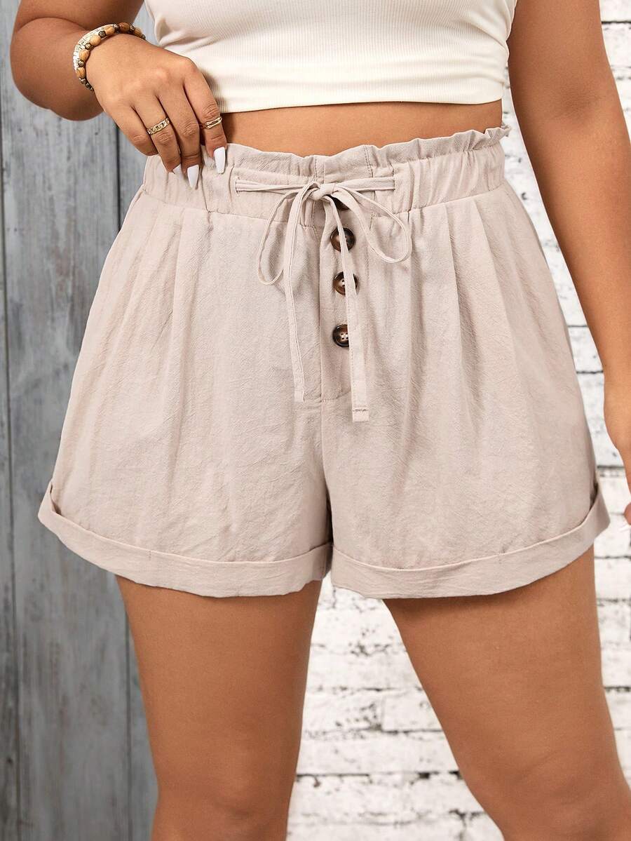 SHEIN Frenchy Shorts casuales de tallas grandes para vacaciones con cintura alta y banda elástica con ribete de volantes - Albaricoque - Ver 1