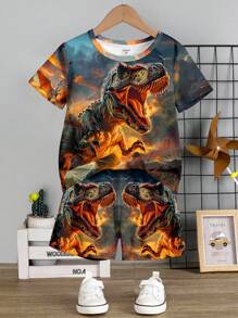 SHEIN Leap Crew In hình khủng long 3D, in hình Tyrannosaurus Rex, Bộ áo thun ngắn tay cổ tròn đơn giản và quần short cho bé trai, thích hợp cho mùa hè - Nhiều màu - Xem 2