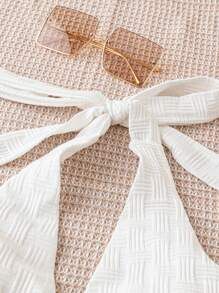 Soleia WYWH Women's Vacation Style White Textured V-Neck Front, Criss-Cross Back Bow Romper, Versatile Beach/Music Festival Summer Outfit, Bohemian