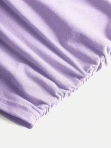 SHEIN Girlism Cô Gái Tuổi Teen Dệt Kim Màu Vải Xếp Cổ Tròn Ngắn Tay Thường Ngày Có Dây Buộc Tóc - Màu tím hoa cà - Xem 4