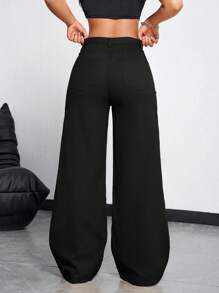 SHEIN Tall Quần jean ống rộng dáng rộng thoải mái cho nữ có túi vá và viền sờn - màu đen - Xem 2