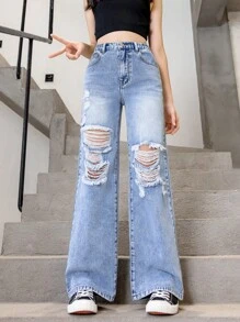 Plus Size Girls' Casual Fashion Distressed Washed Denim Wide Leg Jeans - Light Wash - View 3