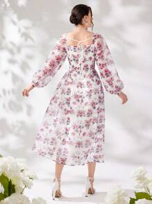 Modelyn Ladies' Holiday Floral Printed Square Neck Long Sleeve Dress - Multicolor - View 2