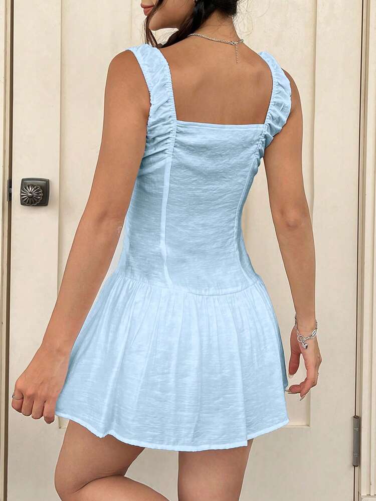 Women's Summer Solid Color Square Neckline Waist Cinched Sleeveless Dress