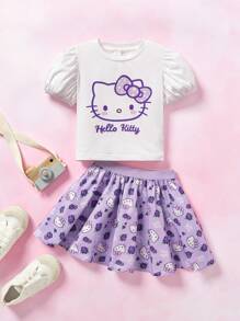 HELLO KITTY AND FRIENDS | SHEIN Young Girl Cute Casual Sweet Puff Sleeve Top And Cartoon Print Skirt Set Clothes