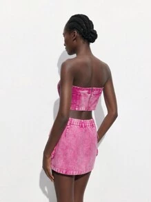 Maija Fashion Distressed Shoulder Top & Skirt Denim 2 Pieces Outfit, Sexy Style For Women, Spring/Summer - Pink - View 3