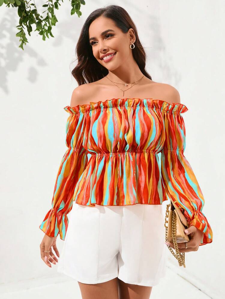 Off-Shoulder Colorful Ruffle Waist Slim Fit Shirt With Lotus Sleeves, Summer For Women