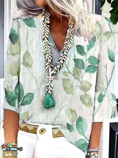 EMERY ROSE 女性簡約日常穿著襯衫,隨機剪裁葉子印花