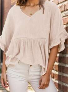 Chiquease Peter Pan Collar Blouse With V-Neck And Lace Splicing