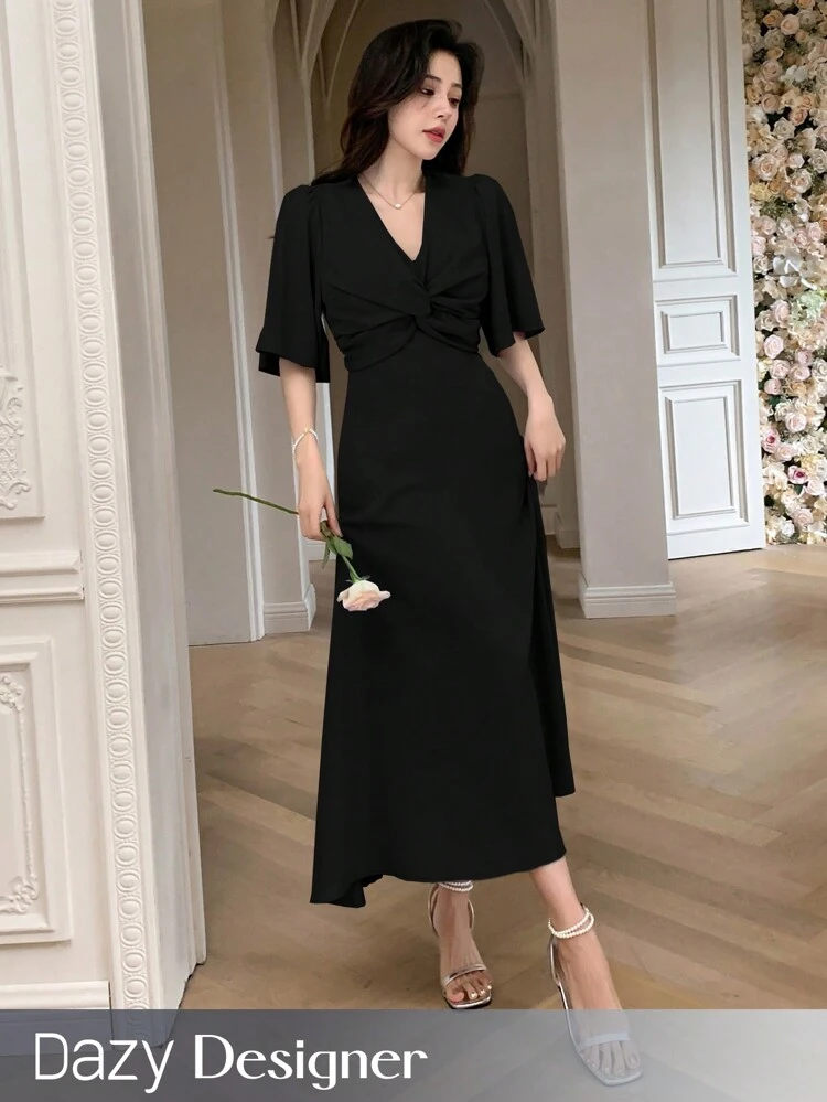 Women V-Neck Long Dress With Twisted Knot