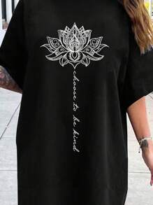 Flirla Floral & Letter Printed Plus Size Women's Loose Fit T-Shirt Dress With Round Neckline And Drop Shoulder Sleeves, For Summer - Black - View 5