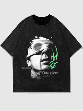 Grunge Punk Camiseta de manga corta para hombre con estampado vintage de silueta distorsionada, estilo de calle alta