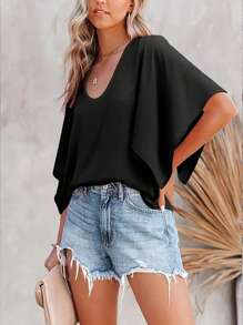 SHEIN LUNE 女裝春夏季純色V領喇叭袖寬鬆上衣 - 黑色 - 查看 3