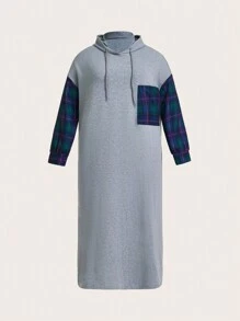 SHEIN LUNE Áo nỉ có mũ cỡ lớn với thiết kế phối họa tiết kẻ caro và in, thích hợp mặc mùa thu. - Xám - Xem 1