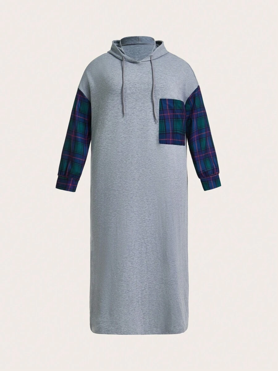 SHEIN LUNE Áo nỉ có mũ cỡ lớn với thiết kế phối họa tiết kẻ caro và in, thích hợp mặc mùa thu. - Xám - Xem 1