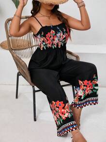 Breezaya Plus Size Nữ Kỳ Nghỉ Hè In Hoa Cổ Chữ V Spaghetti Dây Jumpsuit Ống Rộng - Nhiều màu - Xem 3
