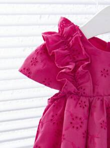 Summer Baby Girl Cute Solid Color Embroidery & Hollow Pattern Ruffled Sleeveless Dress - Pink - View 3