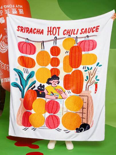 SHEIN X Sriracha by Huy Fong Foods Vanillalaart Artist Cartoon Printed Comfortable Couch Decor Home Fleece Blanket, Holiday