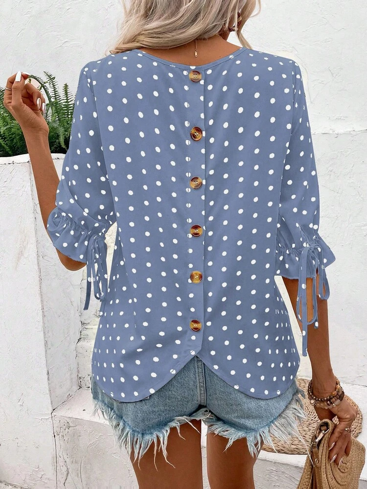Women's Summer Polka Dot Print Back Button Single Breasted Shirt With Tie Sleeve Cuffs