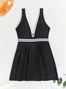 SHEIN Swim Women's Summer Beach Color Block Striped Sleeveless Swimsuit - Black and White - View 6