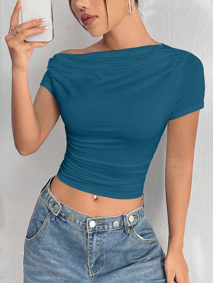 SHEIN Unity 女士夏季純色不對稱領折疊修身短款T恤 - 藍色 - 查看 1
