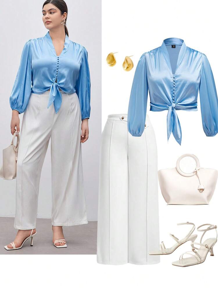 Plus Size Solid Color Woven Lantern Sleeve Elegant Tie-Up Business Work Shirt