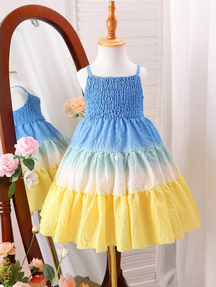 Baby Girl Summer New Casual & Elegant Ombre Digital Printed Sleeveless Dress With Flared Hem