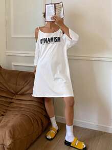 Livesso Women's Casual Letter Print Open Shoulder Casual Home Dress, Moo Moo Pajama - White - View 6