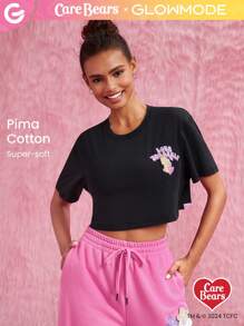 GLOWMODE X Care Bears™ Pima純棉寬鬆短款熊圖形T恤，日常休閒