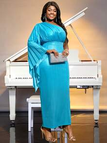 Plus One Shoulder Pleated Bell Sleeve Dress - Blue - View 6