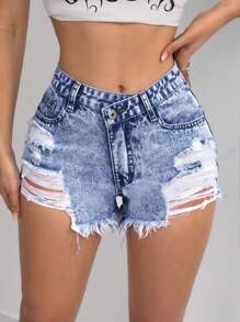 SHEIN PETITE 女士不對稱腰部破洞牛仔短褲，附口袋和鬆散邊緣設計 - 中等水洗藍 - 查看 1