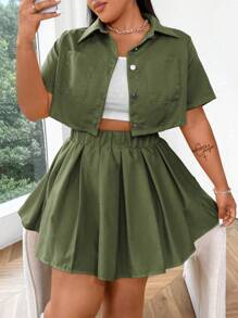 Flirla Plus Size Single-Breasted Solid Color Short Sleeve Top And Pleated Mini Skirt Set