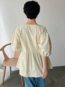 FRIFUL 女士休闲纯色泡泡袖春夏衬衫，荷叶边