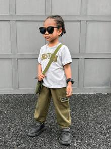 SHEIN Young Boy Letter Graphic Tee & Patched Detail Pants - Multicolor - View 4