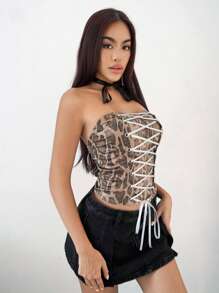 SHEIN Unity Top corto de mujer con estampado de piel de serpiente y cordones