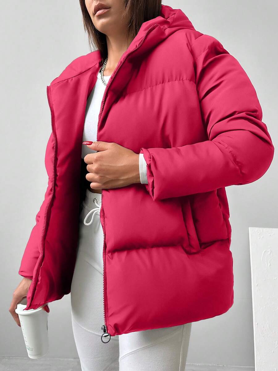 EURMUSE Veste Rembourrée D'hiver À Capuche Chaude De Couleur Unie Pour Femme - Rose bonbon - Voir 1