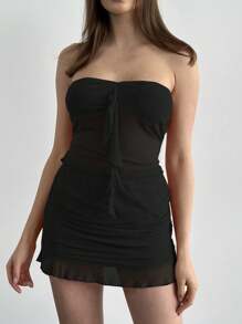 SHEIN EZwear 夏季性感網紗無肩帶上衣和褶皺迷你裙套裝