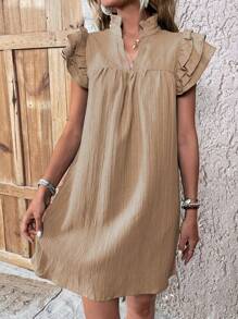 SHEIN LUNE Solid Color Notch Neck Summer Casual Dress With Pleats And Lace Trim - Khaki - View 3