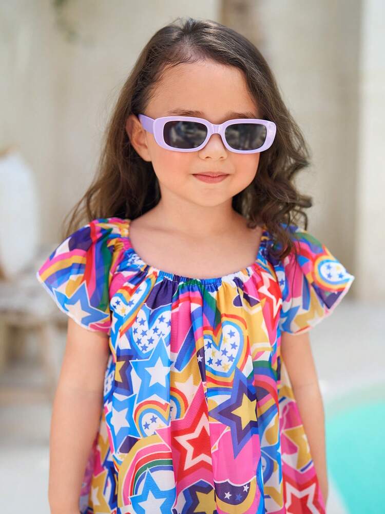 Young Girl/Young Girls' Beach Vacation Rainbow Star Heart Geometric Printed Chiffon Dress,Suitable For Summer ,Suitable For Holiday,Sunshine Young Girl