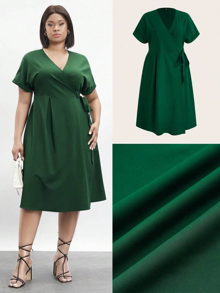 Plus Size Solid Color Wrap Midi Dress With Tie Straps