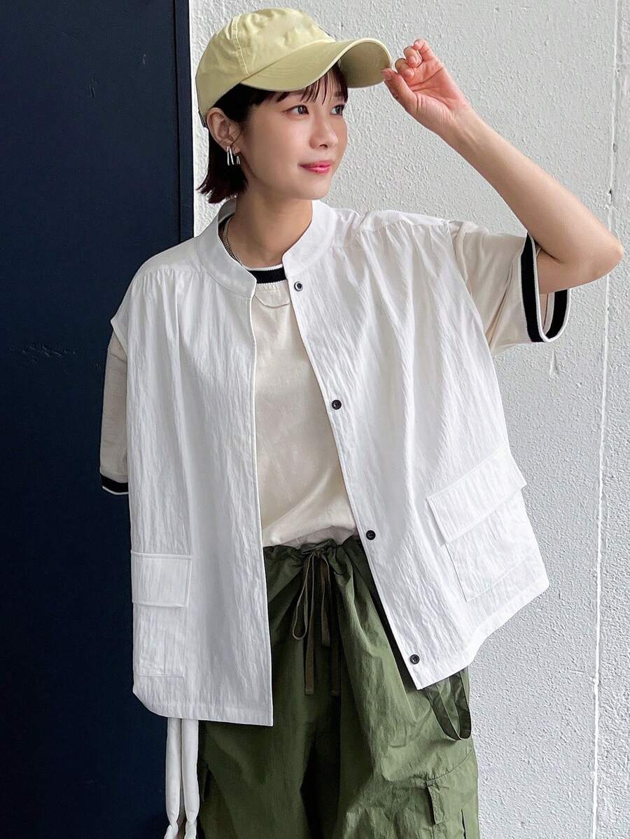 FRIFUL Women's Casual Solid Color Button Pocket Top - White - View 1
