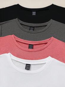 SHEIN LUNE Conjunto de 4 Camisetas casuales de manga corta con cuello redondo para mujer, lisas y de verano