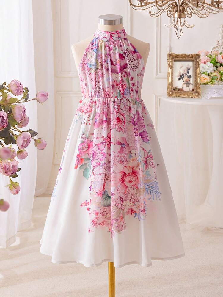 Young Girl Knitted Ditsy Floral Sleeveless Sweater Dress