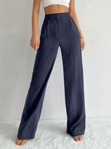 EURMUSE Striped Print Wide Leg Suit Trousers - Navy Blue - View 6