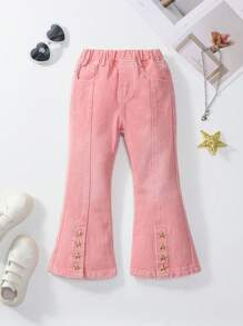 Jeans de mezclilla rosa lavada con piedras para niña joven con dobladillo con abertura - Rosa - Ver 1