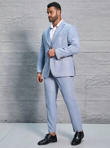 Manfinity Mode Plus Men's Striped Notched Lapel Long Sleeve Suit Jacket And Pants Set, Suitable For Daily And Business Travel - Baby Blue - View 4